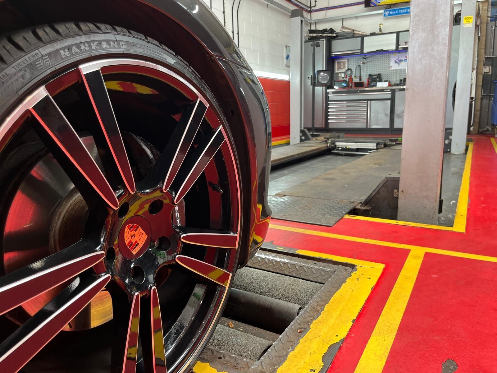 A Porsche wheel on the MOT lane